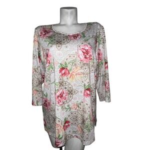 Alfred Dunner Top Women L Floral Print 3/4 Sleeve Top Studded Neckline Casual